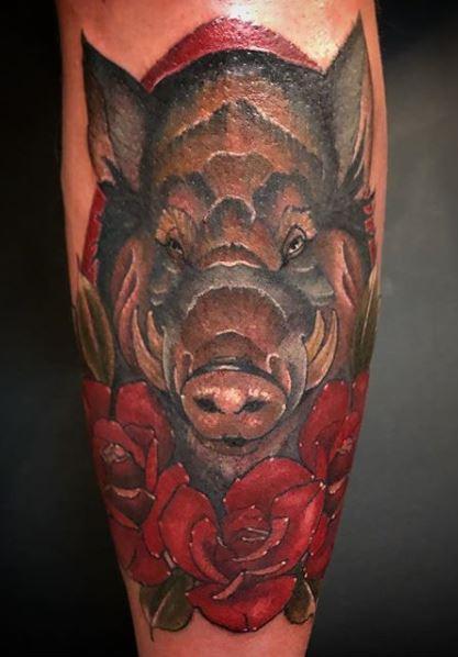 Tattoos - Full Color Boar with Roses Tattoo - 137425